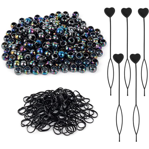 , Pack of 405 Pony Beads Set Hair Beads Kit Including 5 Pieces Quick Beader 200 Pieces Plastic Pony Beads 200 Pieces Mini Rubber Bands for Women Girls Hair Braids Crafts Supplies