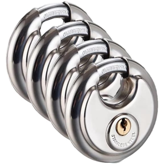 Pack of 4X Keyed Disc Padlock 4-Pack Heavy Duty Locks Stainless Steel Keyed-Alike Padlocks Waterproof Outdoors Lock with 3/8 Inch Shackle 2-3/4 Inch Wide Body