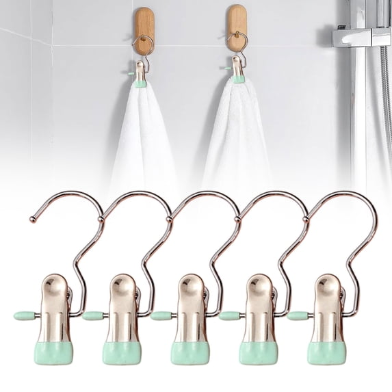 Pack of 5 Clothes Pegs, Trouser Hangers with Clips, 360° Rotating Staple Hook, Stainless Steel Trouser Hook, Boot Clips, Clothes Hanger with Clips, Laundry Hooks for Trousers, Shoes, Towel