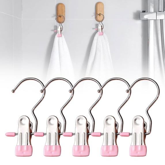 Pack of 5 Clothes Pegs, Trouser Hangers with Clips, 360° Rotating Staple Hook, Stainless Steel Trouser Hook, Boot Clips, Clothes Hanger with Clips, Laundry Hooks for Trousers, Shoes, Towel