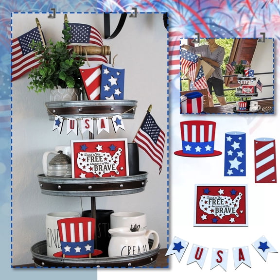 Pack Of 5 Flat Style, Patriotic Wood Tiered Tray Decorations Set, Independence Day Themed Table Centerpiece For Patriotic Holidays And Home Decor For S