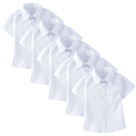 Pack of 5, Kids Short Sleeve Shirt School Uniform Boys Girls School Shirts Classic Button-Down Shirt Solid Color Lightweight Tops Wedding Dress Shirts with Tie and Bowtie, Multipack