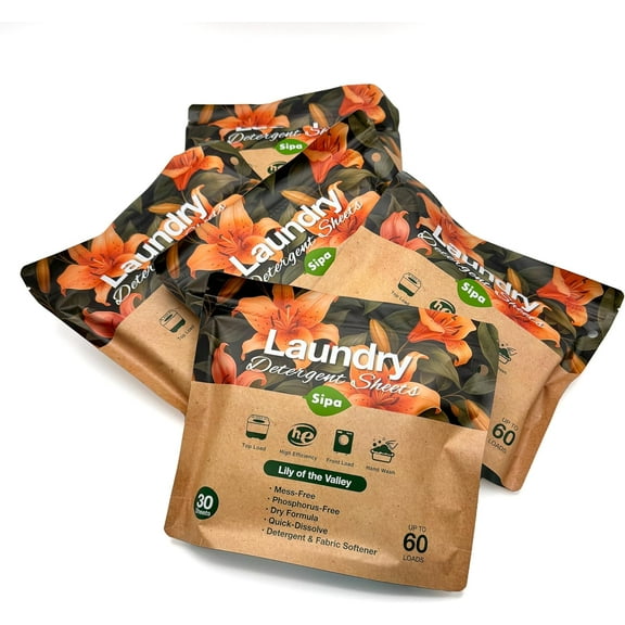 Pack of 5 SIPA Laundry Detergent Sheets Bag - 30 Sheets, Up to 60 Loads, Lily of the Valley Scent, Phosphorus-Free, High Efficiency, (30 Count (Pack of 5))