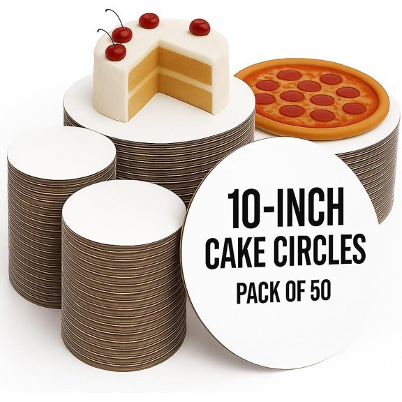 (Pack of 50 10 Inch Cake Circles Round Corrugated Cardboard Cake Boards for Baking, Pizza & Pies Greaseproof, Food Safe, Heavy Duty Disposable Base
