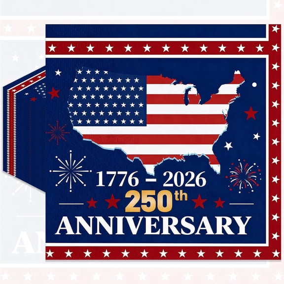 Pack of 50 250th Anniversary Napkins, Red White Blue Flag Design, Disposable Paper Cocktail Napkins for Independence Day, 4th of July, Patriotic Table Decorations, 13 x 13 Inches Unfolded