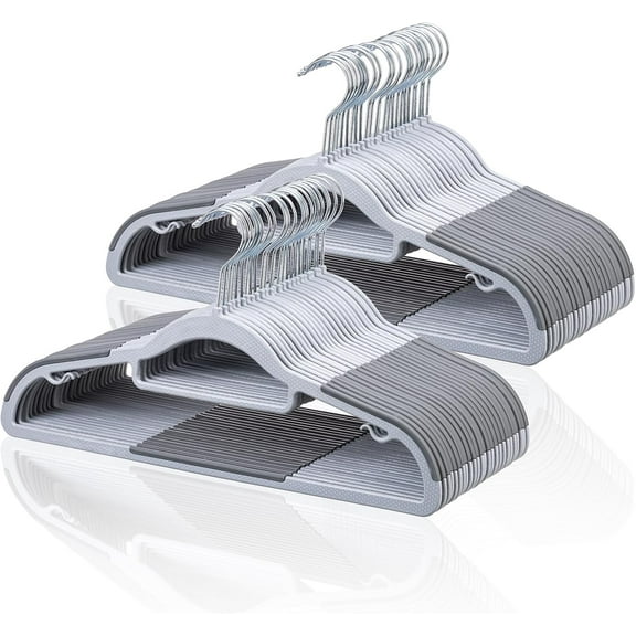 Pack of 50 Coat Hangers, Space-Saving Plastic Clothes Hangers, Non-Slip, 0.2 Inches Slim, 360 Swivel Silver Hook for Shirts, Pants & Wet/Dry Garments, Light and Dark Gray