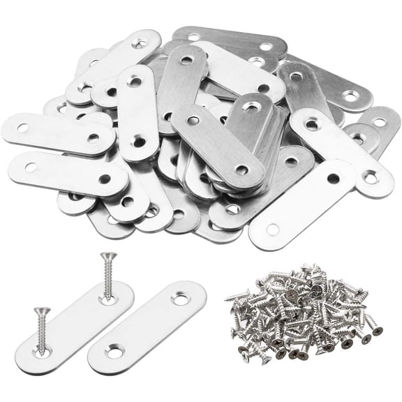 Pack of 50 Flat Corner Brace Plates Metal Joining Plates Connector Repair Bracket with Fixing Screws,,1.57inchx0.6x0.08 inch-2 Holes,Stainless Steel, Color