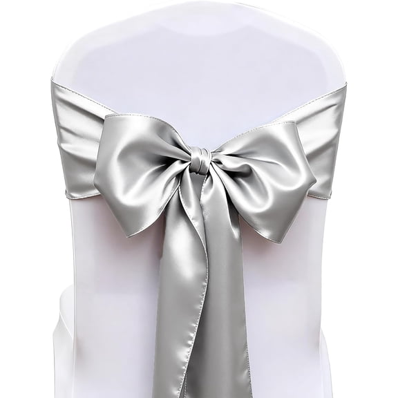 Pack of 50 Satin Silver Grey Chair Sashes Bows 7 X 108 Inch Universal Chairs Ribbons for Wedding Anniversary Ceremony Birthday Party Engagement Banquet Restaurant Event Decorations