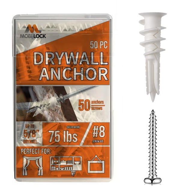 50pcs Self Drilling Drywall Anchors #8 and 50 Philips Pan Head Self Tapping Screws for Gypsum Boards, Drywalls or Plasterboards - Holds up to 75Lbs or 34Kg - by Mobi Lock