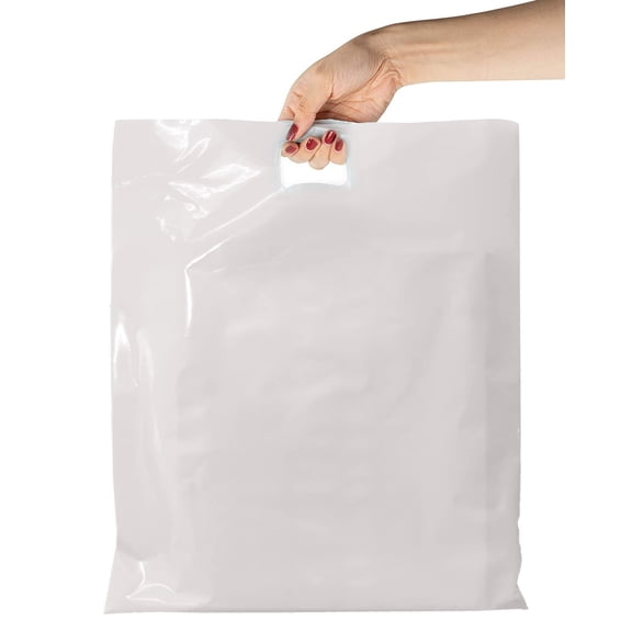 Pack of 500 White Shopping Bags with Die Cut Handle 15 x 18 x 4 Thickness 1.25 Mil. Bottom Gussset. Low Density Polyethylene Bags 15x18x4 Retail Plastic Bags. Poly Bags with Die-Cut Handles.
