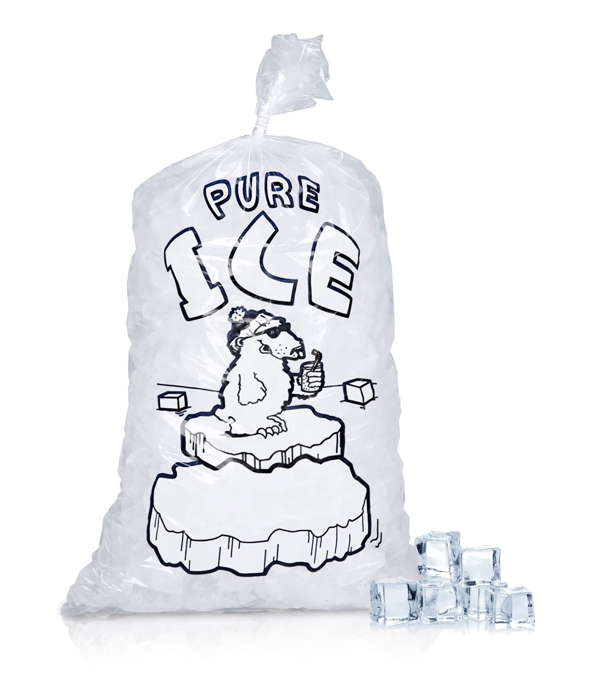 Pack of 500 Wicket Ice Bags 14.25 x 28 + 4. Polar Bear Printed Icebags 20 lbs with Plastic Wickets. Thickness 2 mil. BPA Free Food Grade Safe Ice Bags.