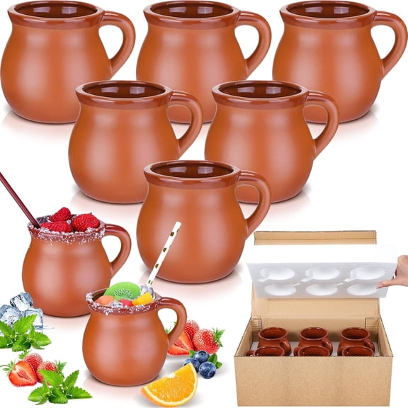 Pack of 6 12 oz Cantaritos De Barro Clay Cups Mexican Clay Mugs Fiesta De Barro Mexicanos Coffee Mugs, Glasses and Cups for , Margaritas, Mojitos Cold Hot Drinks (Brick Red)