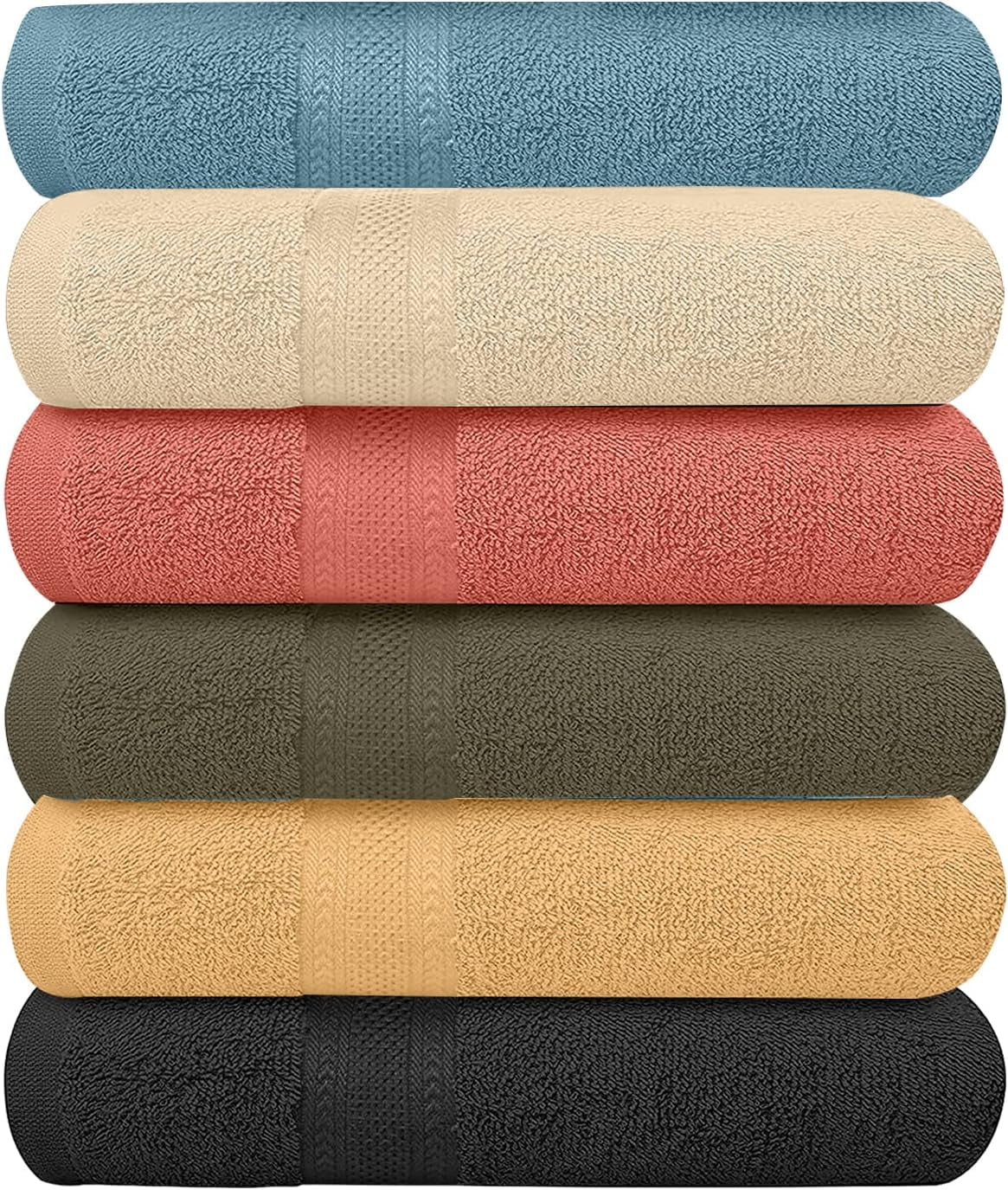 6-pack bath towel set of 2, 100% cotton, larger and lighter, dries faster, super soft and absorbent, perfect for the bathroom (multi-color