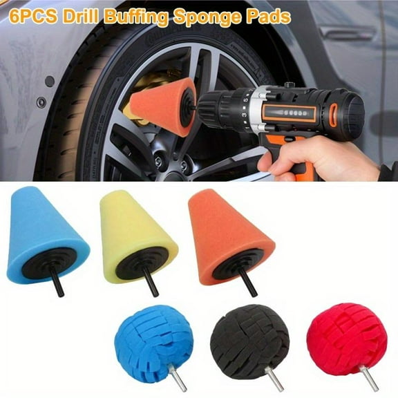 Pack Of 6 Car Wheel Hub Drill Buffing Sponge Pads Kit,3 Inch Shank Polishing Pads For Wheel Hub Cleaning,auto Cone Metal Polish Buffing Polishing Ball