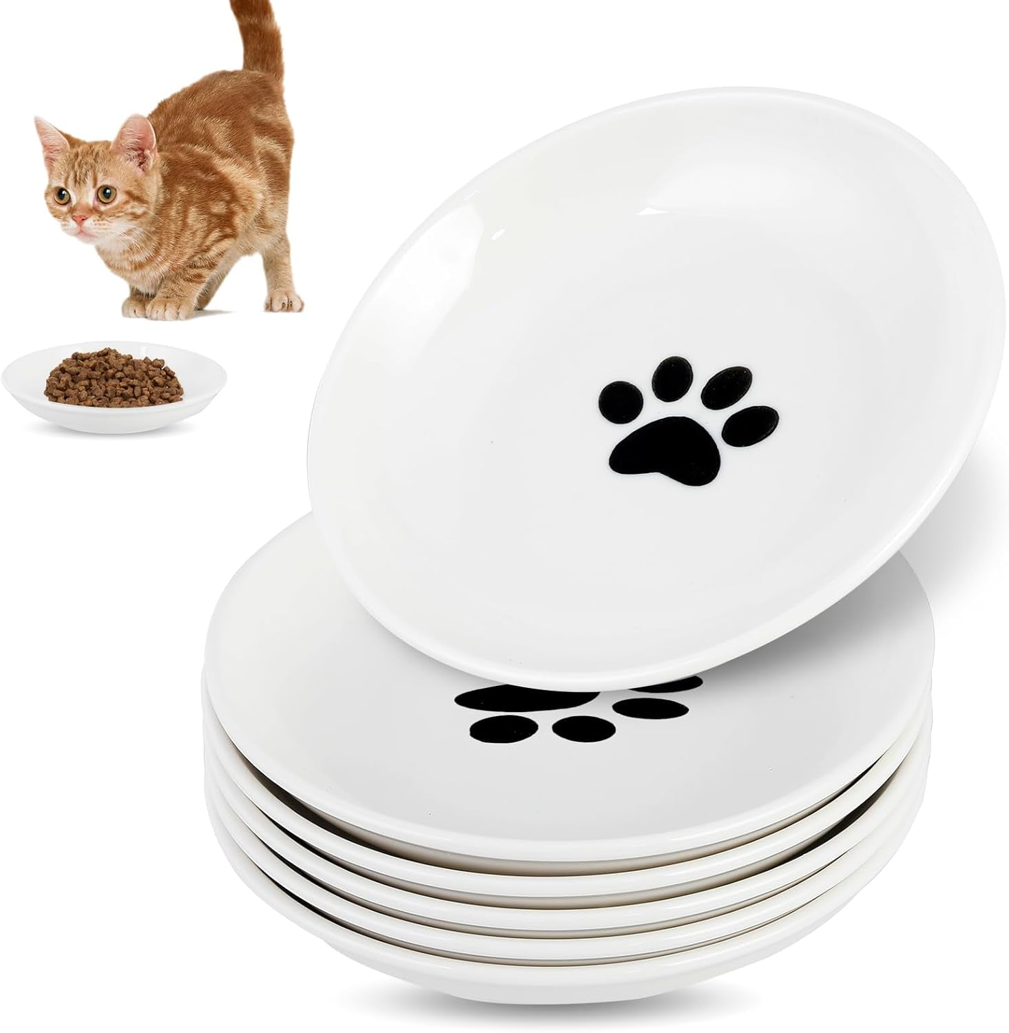 Pack of 6 Cat Feeding Bowls - Cat Bowl Set - Ceramic Cat Bowl - Raised Cat Bowl - Cat Feeding Bowl - Raised Cat Feeding Bowl - White (Cat Paw Pattern)
