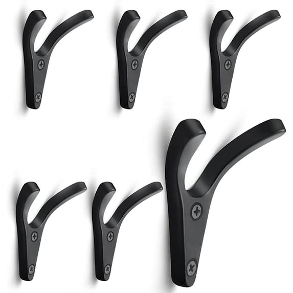 Pack of 6 Double Wall Hooks, Minimalist Design Coat Hooks Wall Mounted Coat Hooks Towel Hooks Zinc Alloy Hat Hooks Multi-Purpose Hooks Coat Hooks with Screws (Matte Black)