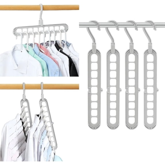Pack of 6 Gray Space Saving Hangers Heavy Duty Cascading Closet Organizer with 9 Holes & 360 Rotating Hook, Durable Plastic Magic Hangers for Clothes, Wardrobe Storage & Organization