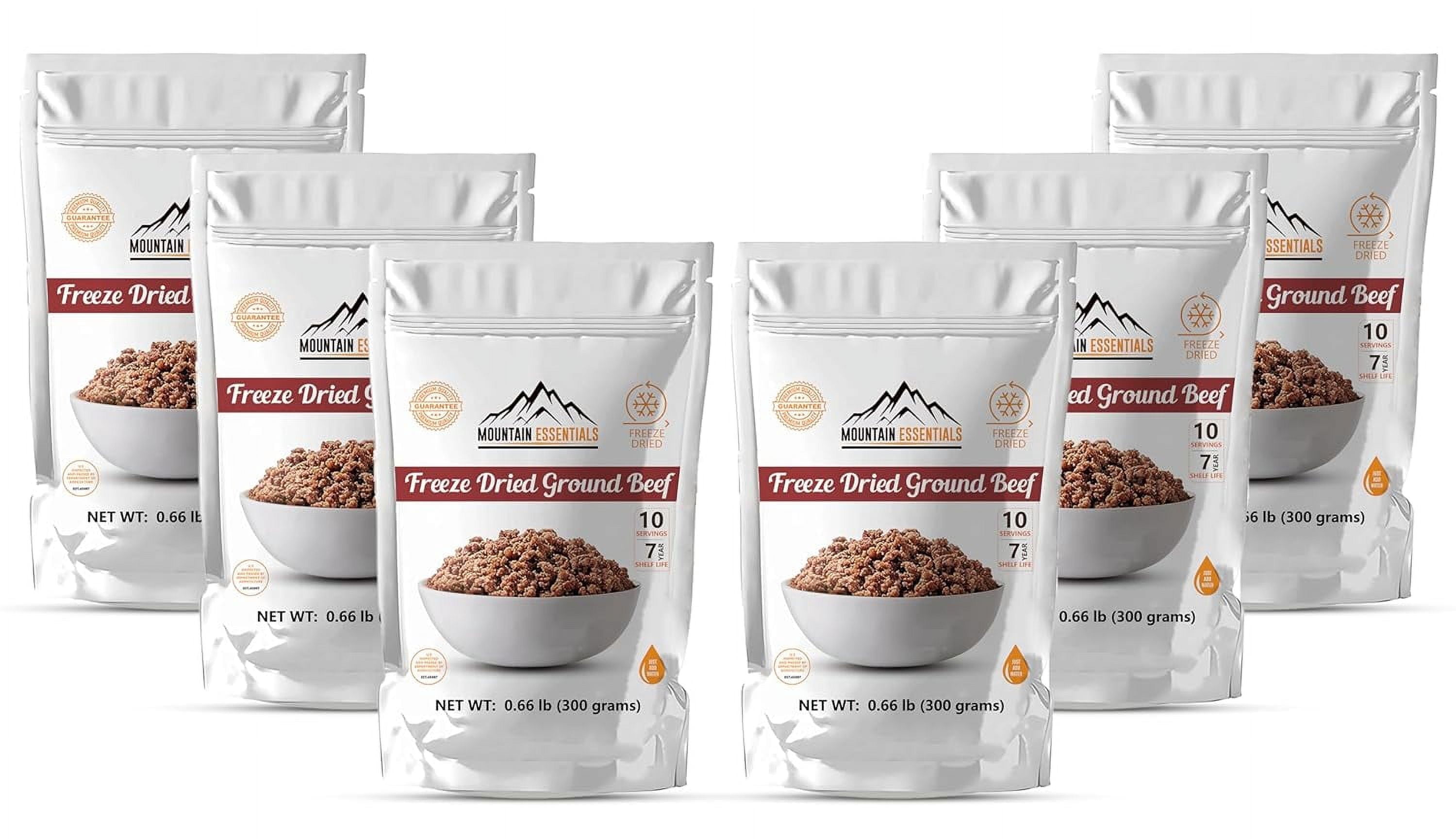 (Pack of 6) MOUNTAIN ESSENTIALS Freeze Dried Ground Beef Fully Cooked | Ready to Eat | No Water Added | No Preservatives | Survival & Emergency Food For Hunting, Backpacking & Camping Food 10 serving