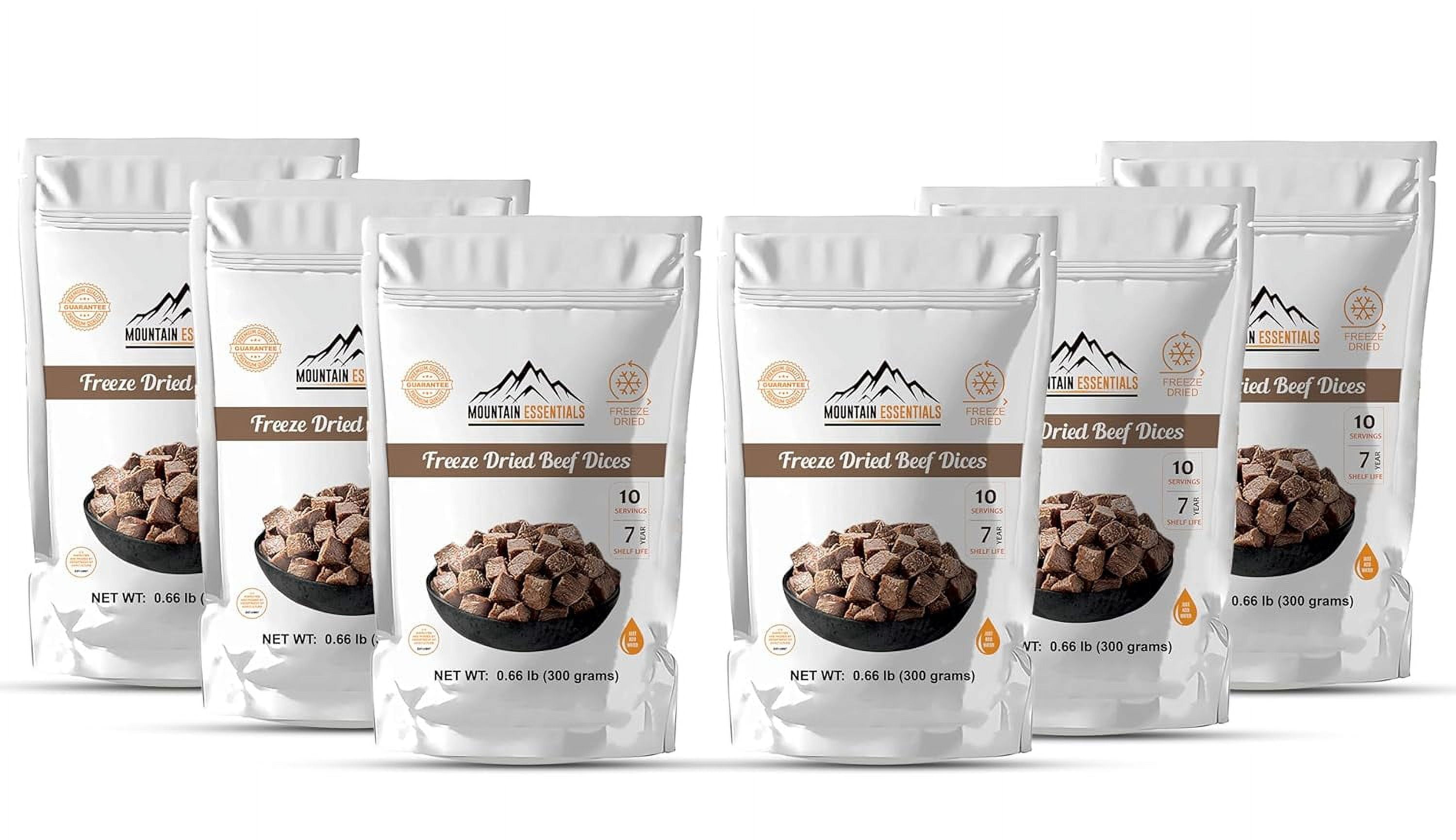(Pack of 6) Mountain Essentials Freeze Dried Beef Dices Protein Packed Meal (300g Pouch)| Emergency Long Term Supply | Hiking, Backpacking & Camping | Easy Prep Survival Food ✅