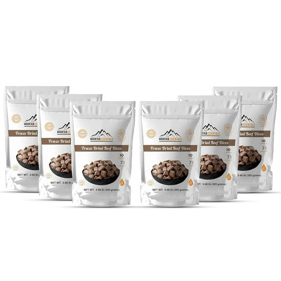 (Pack of 6) Mountain Essentials Freeze Dried Beef Dices Protein Packed Meal (300g Pouch)| Emergency Long Term Supply | Hiking, Backpacking & Camping | Easy Prep Survival Food