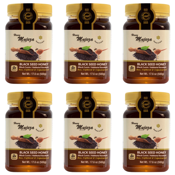 Pack of 6 Mujeza Black Seed Honey - Not Mixed with Oil or Powder - Gluten Free - Non GMO - Organic Honey - Immune Booster - 100% Natural Raw Honey 500g / 17.6oz