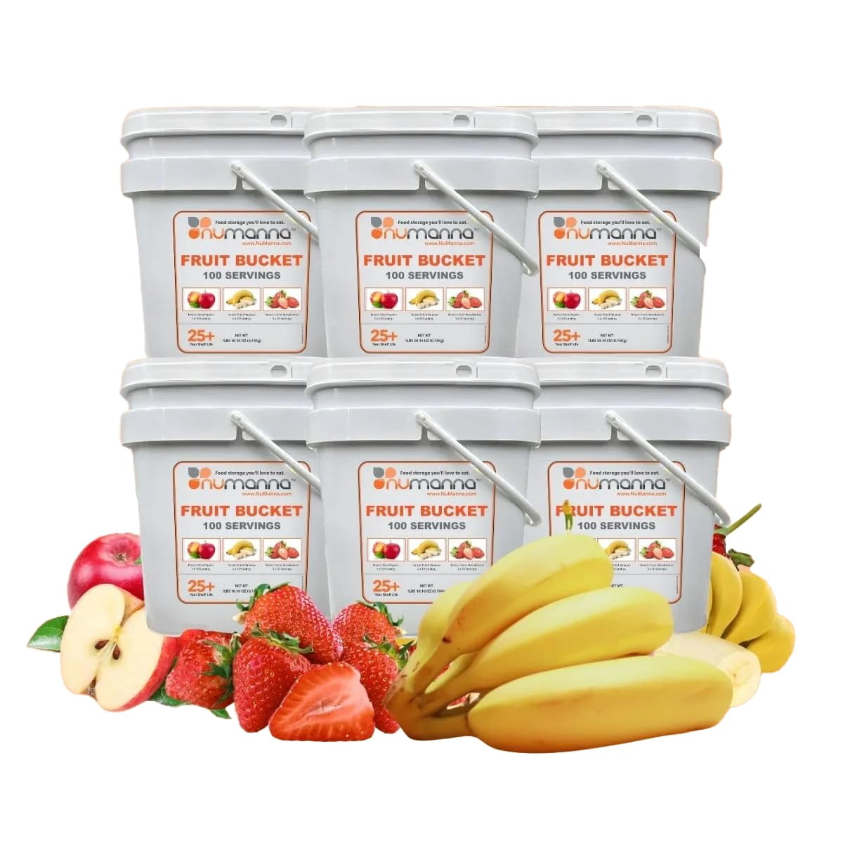 (Pack of 6) NuManna Freeze-Dried Fruits Buckets – 600 Servings | Apples, Bananas & Strawberries | Non-GMO, No Preservatives | Long Shelf Life Emergency Food & Camping Snack – 25 Years