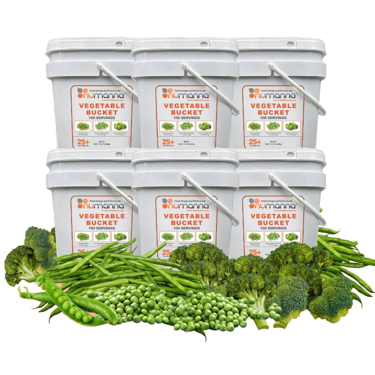 (Pack of 6) NuManna Freeze-Dried Vegetables Buckets – 600 Servings | Peas, Green Beans & Broccoli | Non-GMO, No Preservatives, No MSG | Emergency Long-Term Veggie Food Supply | 25-Year Shelf Life