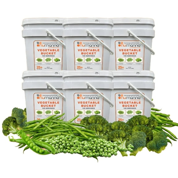 (Pack of 6) NuManna Freeze-Dried Vegetables Buckets 600 Servings | Peas, Green Beans & Broccoli | Non-GMO, No Preservatives, No MSG | Emergency Long-Term Veggie Food Supply | 25-Year Shelf Life