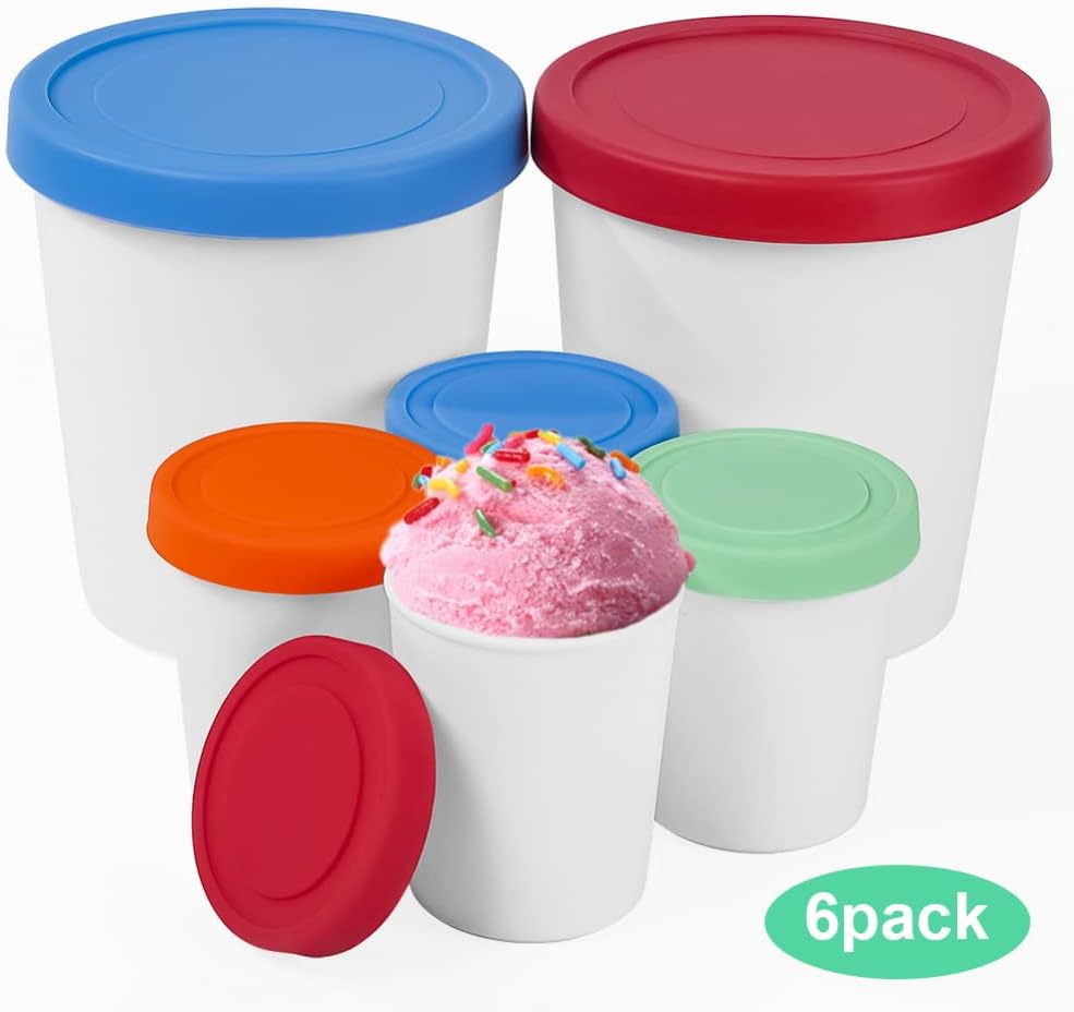 Pack of 6 Premium Ice Cream Containers, Reusable Freezer Storage Tubs