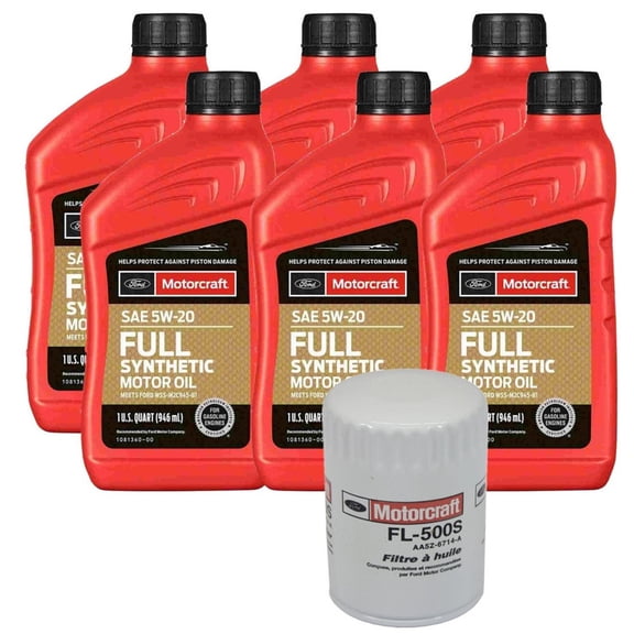 Pack of 6 Quart Motorcraft Motor Oil OEM Full Synethetic 5W-20 SAE + Oil Filter Replacement For Ford Mustang 5.2 5.2L V8 17 18 19 2017 2018 2019 XO5W30Q1FS FL500S