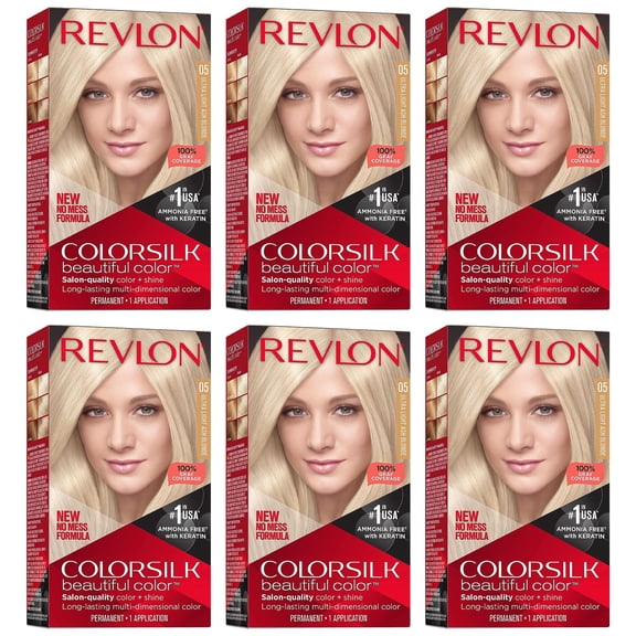 Pack of (6) Revlon Colorsilk Beautiful Color Permanent Hair Color, Long-Lasting High-Definition Color, Shine And Silky Softness with 100% Gray Coverage, Ammonia Free, 05 Ultra Light Ash Blonde