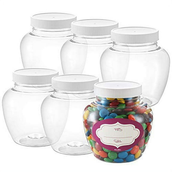 Pack of 6 - Round Clear Plastic Jars - Empty Plastic Storage containers with Lids - Plastic Jar with Air Tight Lids - Candy Jars - Spice Jars - Food Grade BPA Free Small Jars- (16 Oz)
