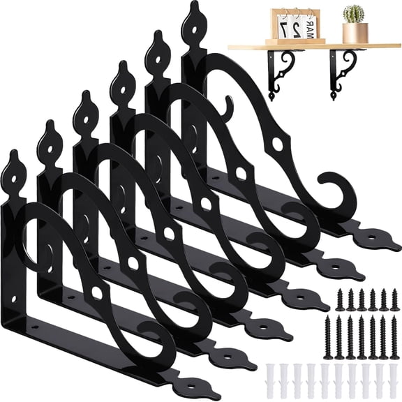 Pack of 6 Shelf Brackets, Black Metal, Rust Protection, Heavy Duty Brackets, 188 x 135 mm, 90 Degree Shelf Brackets Vintage with Screws, Shelf Bracket for Wall Mounting, Kitchen, Garden, Load