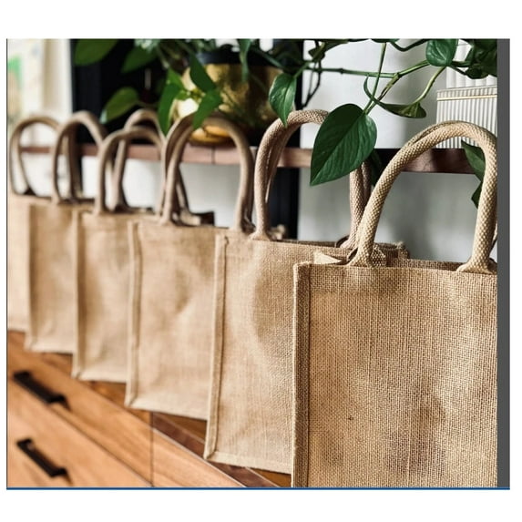 Pack of 6 Small Jute Burlap Tote Bags,Eco-Friendly, Reusable, Wedding Favors, Wedding Welcome Bags, Party Favors, Bridesmaids Gifts, DIY Decorating 8*8*6 inch