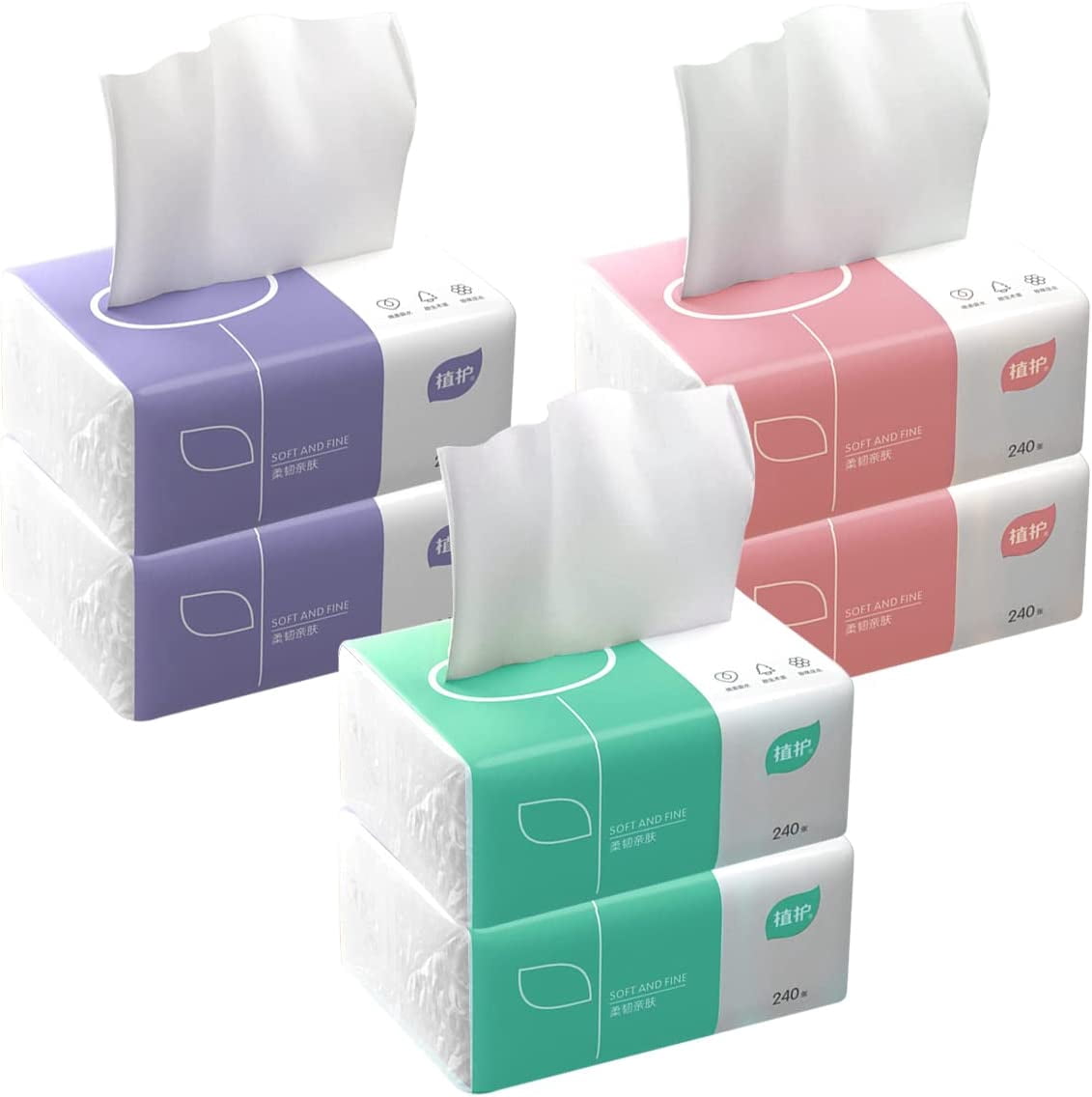 Pack of 6, Soft Small Facial Tissue, Toilet Paper, Bag Cover NOT Box, Disposable Facial Napkin, White Facial Paper, Material Wood Pulp Fiber NOT COTTON, 4-Ply, 240 Sheet per Pack