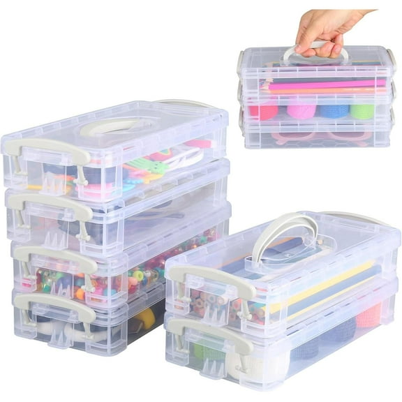 Pack of 6 Stackable Transparent Pens Storage with Snap Lock and Handle, 8.66x3.94x1.57Inch Pen/Pencil Box Organiser for Small Parts, Watercolour Pencils, Brushes