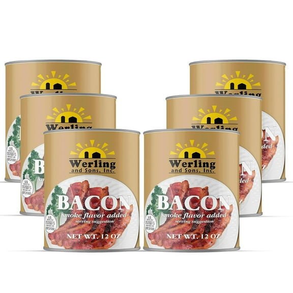 (Pack of 6) Werling Canned Bacon 12 Oz Smoke Flavor Added Fully Cooked Ready to Eat Bacon Shelf-Stable Canned Meat Long Term Storage Camping Survival and Emergency Preparedness Canned Food