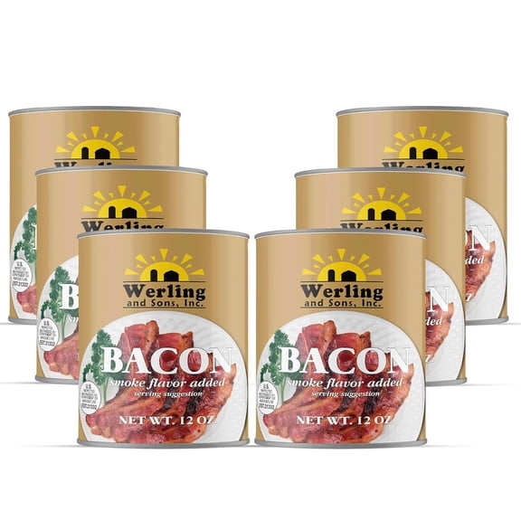 (Pack of 6) Werling Canned Bacon 12 Oz Smoke Flavor Added Fully Cooked Ready to Eat Bacon Shelf-Stable Canned Meat Long Term Storage Camping Survival and Emergency Preparedness Canned Food