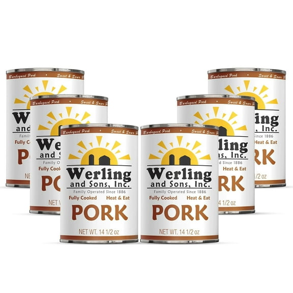 Werling & Sons Canned Pork 14.5 Oz  Fully Cooked, Heat & Serve | Premium Shelf-Stable Canned Meat | 5-Year Shelf Life | Ideal for Emergency, Survival, Camping & Quick Meals | Pack of 6 | Made in USA