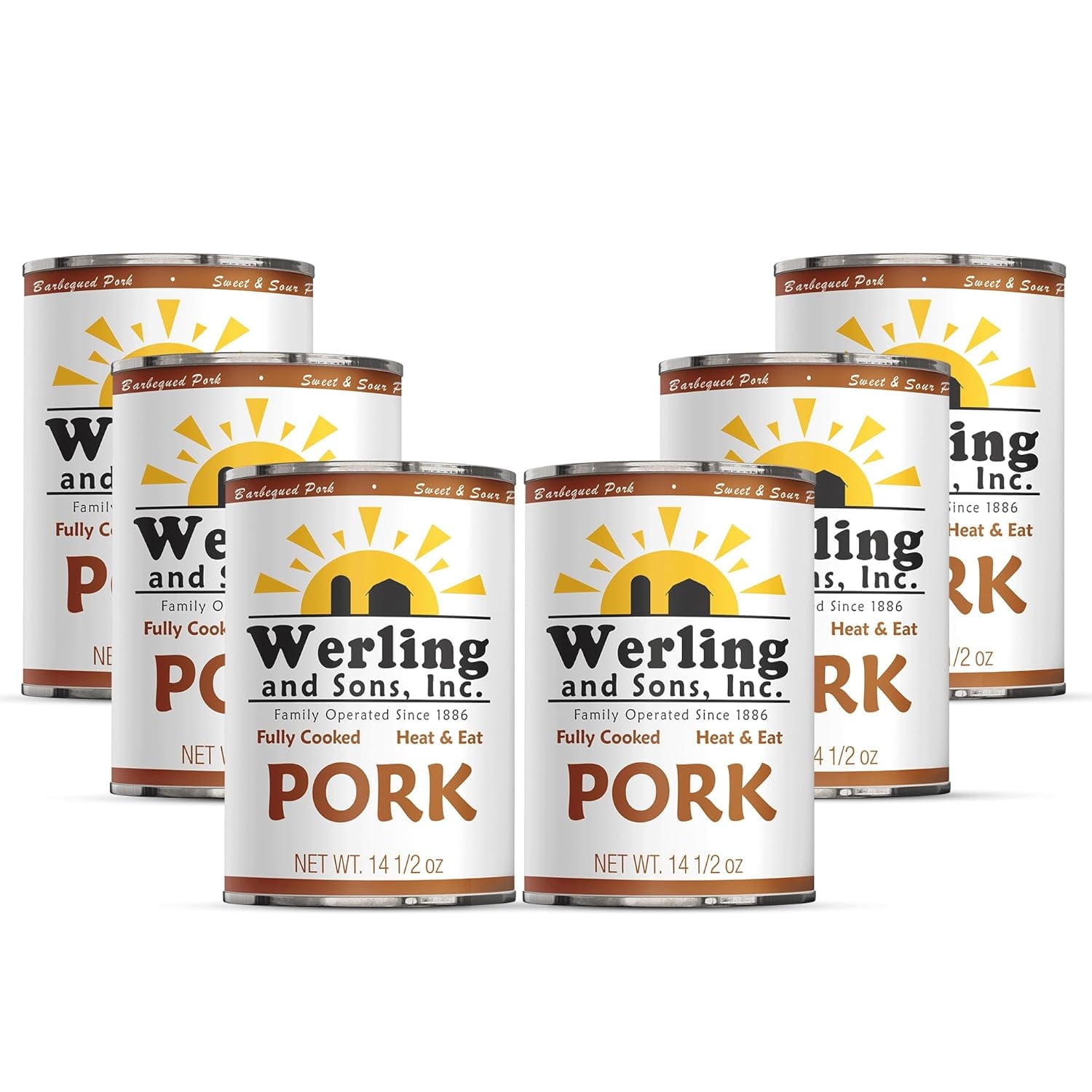 Werling & Sons Canned Pork 14.5 Oz – Fully Cooked, Heat & Serve | Premium Shelf-Stable Canned Meat | 5-Year Shelf Life | Ideal for Emergency, Survival, Camping & Quick Meals | Pack of 6 | Made in USA