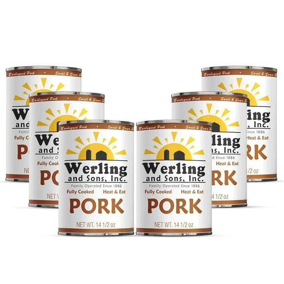Werling & Sons Canned Pork 14.5 Oz Fully Cooked, Heat & Serve | Premium Shelf-Stable Canned Meat | 5-Year Shelf Life | Ideal for Emergency, Survival, Camping & Quick Meals | Pack of 6 | Made in USA
