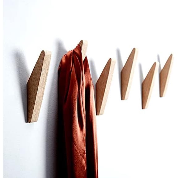 Pack 6 Wood Wall Hooks, Oak Coat Hooks Minimalist Design Heavy Duty Robe Hook Wall Mounted Rustic Wooden Clothes Hanger Hat Rack Hooks for Hanging Bathroom Towels.