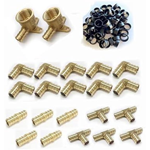 (Pack of 62) 1/2" Pex fittings: 40 Pieces Pex Copper Rings, 1/2"x 1/2" FNPT Drop-Ear Elbow 2 Pieces, Elbow 10 Pieces, Tee and Coupling 5 Pieces each,(PEX1807189)