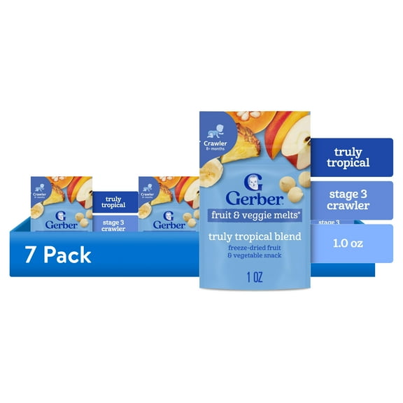 (7 pack) Gerber Snacks for Baby Fruit & Veggie Melts Baby Snack, Truly Tropical Blend, 1 oz Bag