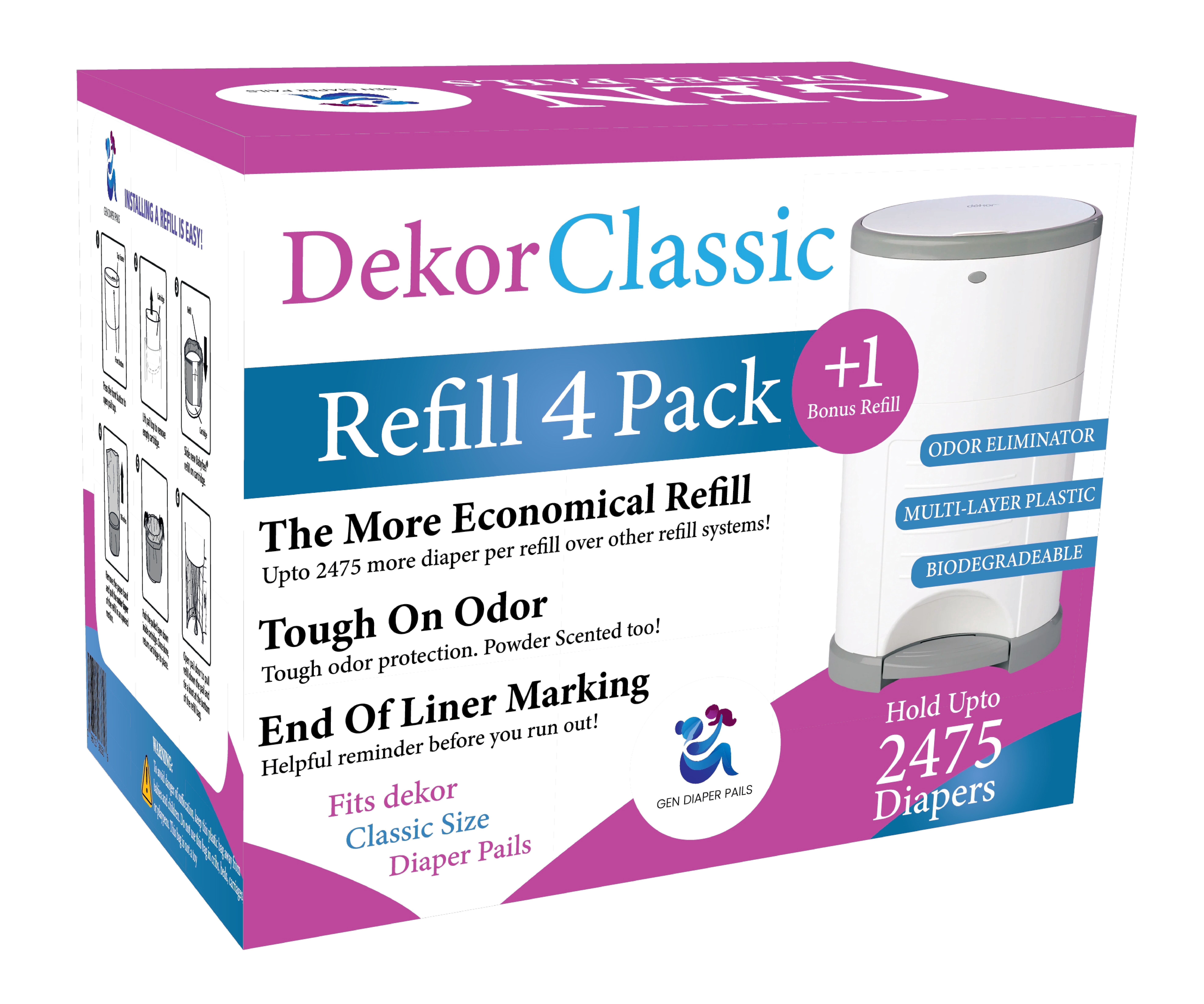 Dekor Classic Diaper Pail Refill, 5 Refill Liners, 30% Thicker, Leak-Proof, Powder Scent