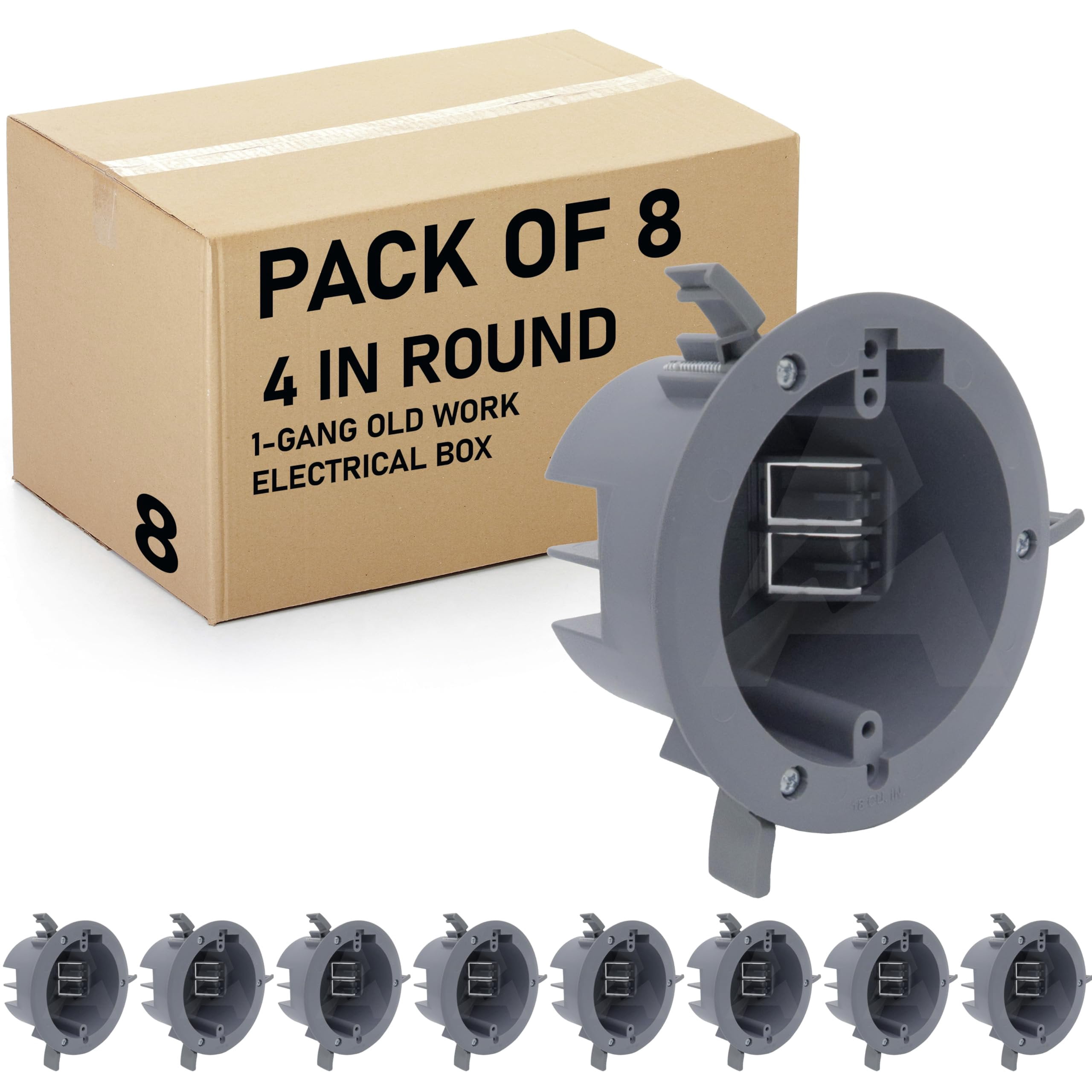 Pack of 8 4'' Old Work Round Electrical Box, One-Gang Grey PVC Junction Box, 18 Inch Capacity, Round Ceiling Remodel Box with Built-in Mounting Tabs, Three Mounting Wings, 2-Hour Fire Rated Walls