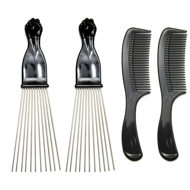 Pack) 8" Black Handle Comb and 9.25" Black Fist Metal Afro Pik Lift