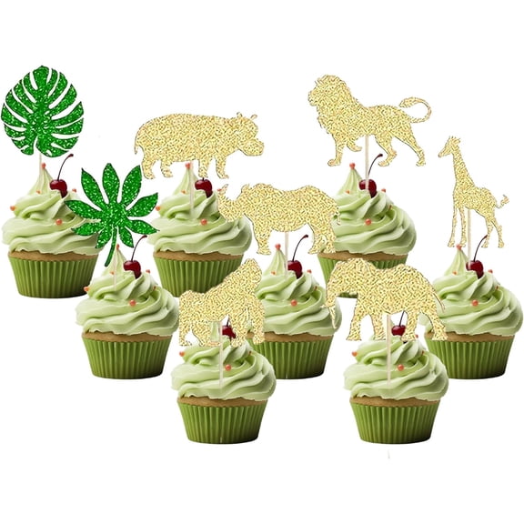 Pack of 8 Jungle Animal Cupcake Toppers Set - Gold Glitter Cupcake Cake Decoration with Wildlife Party Cake Decorations, Ideal for Jungle Baby Shower &Wild Party Decorations