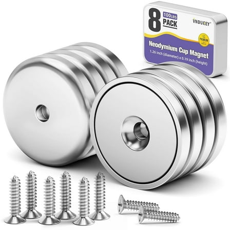 Pack of 8 Neodymium Magnet Cup 100 LBS Pull Force Rare Earth Magnets with Countersunk Hole Industrial Strength Round Base, 1.26''D x 0.2"H, Screws Included