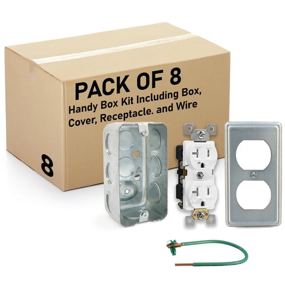 Pack of 8 Outlet Box Kit, 2x4'' Utility Electrical Box, Duplex Receptacle 2x4'' Cover, Tamper Resistant 20 Amp Duplex Receptacle Outlet, Green Pigtail Grounding Wire and Screw, Ten 1/2'' Knockouts